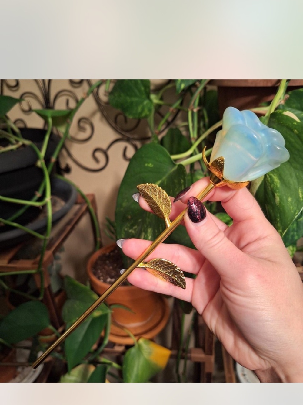 Opalite Rose with gold tone leaf and stem